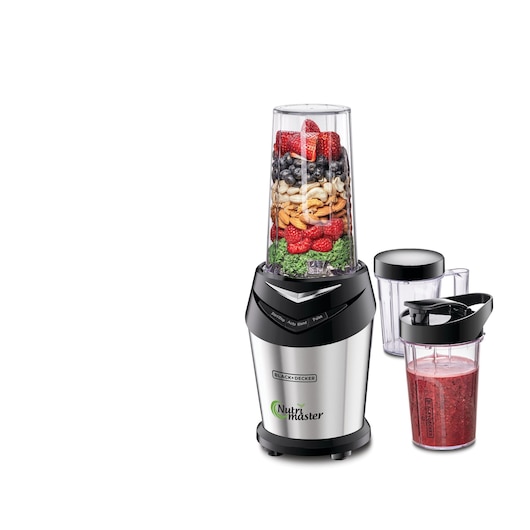 BLACK+DECKER Nutri Master blender with fruits, nuts, and leafy greens in the blending cup, shown with additional cups, one containing a smoothie.
