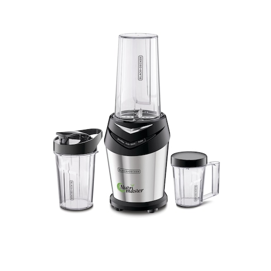 BLACK+DECKER Nutri Master blender with three transparent containers, including a tall blending cup, a drinking cup with a lid, and a container with a handle and lid, all placed on a white background.