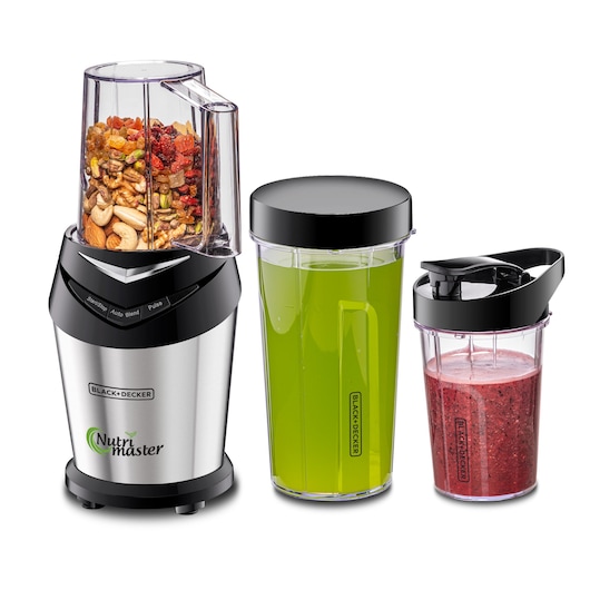 A BLACK+DECKER Nutri Master blender set featuring a silver and black blending base with a container of assorted nuts and dried fruit, a tall cup filled with green liquid, and a smaller cup with red smoothie, each with a BLACK+DECKER logo.
