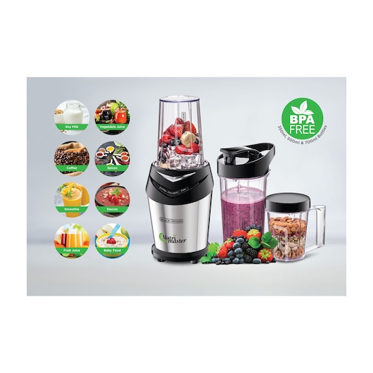 BLACKDECKER NE600 blender with three bottles, fruits, nuts, BPA free label, front view, product photography