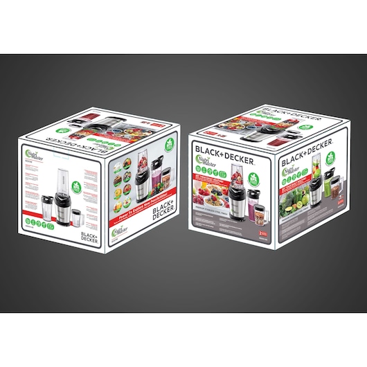 Photo of two BLACK+DECKER NutriMaster blender NE600 boxes, angled to show product images and features on packaging.