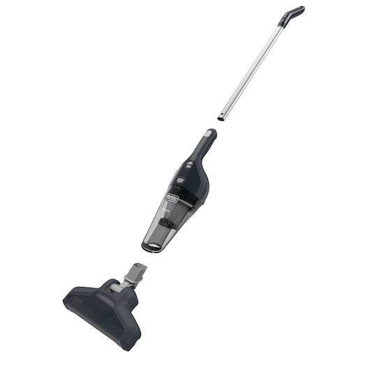 A BLACK+DECKER cordless vacuum cleaner shown disassembled into three parts: a handle tube, a handheld vacuum unit, and a vacuum head. The product is displayed on a white background.