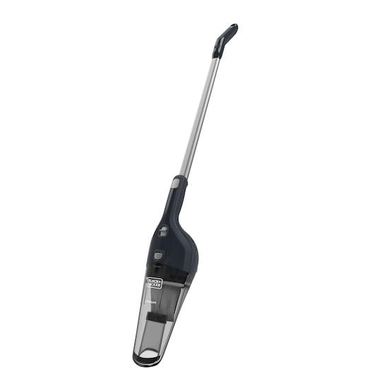 A BLACK+DECKER cordless stick vacuum cleaner with a long handle, designed for easy floor cleaning. The vacuum is black and silver with a transparent dust container.