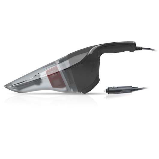 A BLACK+DECKER handheld vacuum cleaner with a transparent dust chamber and a power cord ending in a car adapter plug, shown against a white background.