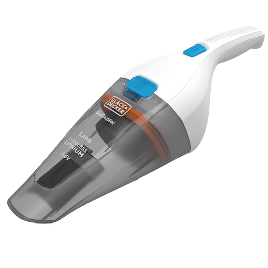 A BLACK+DECKER handheld cordless vacuum cleaner with a white handle and transparent dustbin, model NVC115JL.