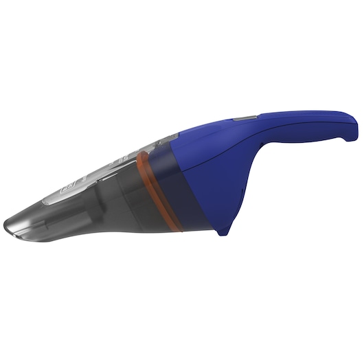 A BLACK+DECKER handheld vacuum cleaner with a blue body and transparent dust compartment, shown in a side view against a white background.