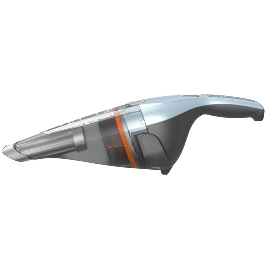 A BLACK+DECKER handheld cordless vacuum cleaner, shown in profile view with a transparent dust container, black and grey body, and orange detailing.
