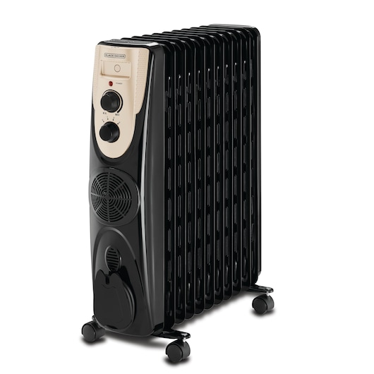 A BLACK+DECKER portable oil-filled radiator heater with a black body, control panel, and four caster wheels for easy movement.