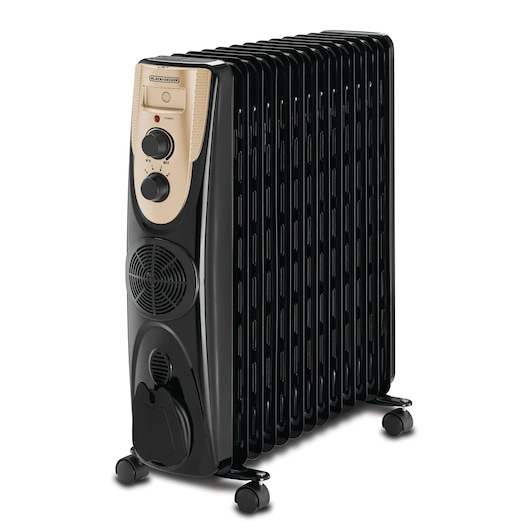 A BLACK+DECKER portable oil-filled radiator heater with beige control panel, black body, and multiple fins. It has caster wheels for mobility and control knobs for adjusting heat settings.