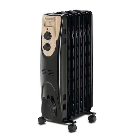 A BLACK+DECKER branded oil-filled radiator heater in black with beige control panel, featuring two control knobs and wheels for easy mobility.