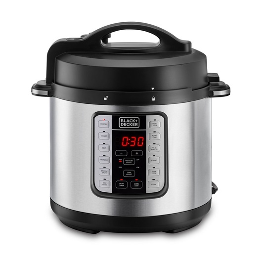 A BLACK+DECKER electric pressure cooker with a stainless steel body, black lid, and digital control panel showing a timer set to 30 minutes.