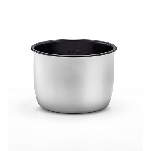 BLACKDECKER PCP1000 stainless steel inner cooking pot, round, with nonstick black interior, front angle, white background.