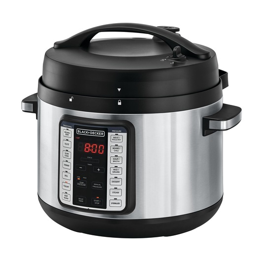 A BLACK+DECKER branded electric pressure cooker with a stainless steel body, black lid and handles, and a digital control panel featuring multiple cooking presets and a red LED display.