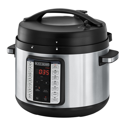 A BLACK+DECKER electric pressure cooker with a stainless steel body and black top, featuring a digital display and multiple cooking function buttons.