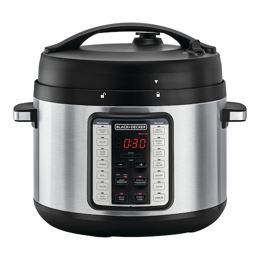 A BLACK+DECKER electric pressure cooker with a stainless steel body and digital control panel featuring various cooking modes and a timer display.