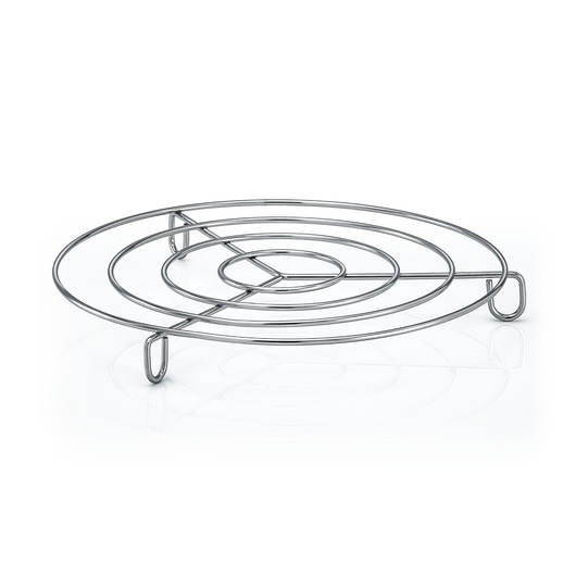 BLACKDECKER PCP1010 round metal trivet with three legs, photographed on white background.