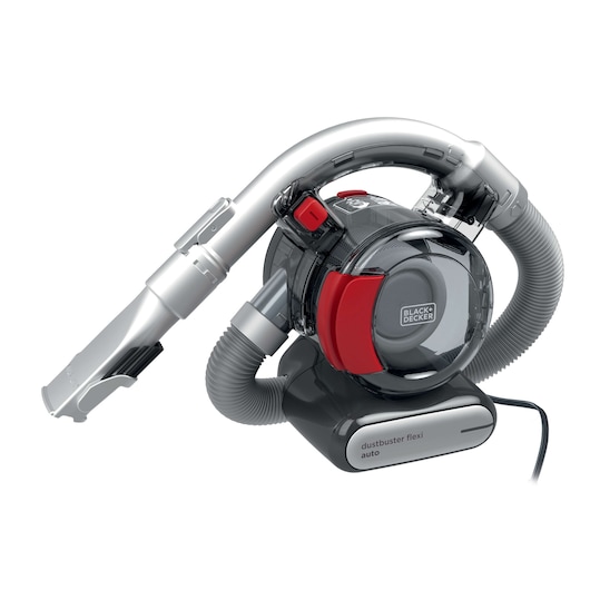 A BLACK+DECKER dustbuster flexi auto vacuum cleaner with a flexible grey hose, red locking clips, and a compact design. The device is branded with the BLACK+DECKER logo and is intended for automotive cleaning.
