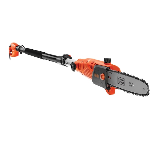 A BLACK+DECKER electric pole saw with an orange and black design, featuring a 25 cm (10 inch) chainsaw blade at the end of a telescopic pole.