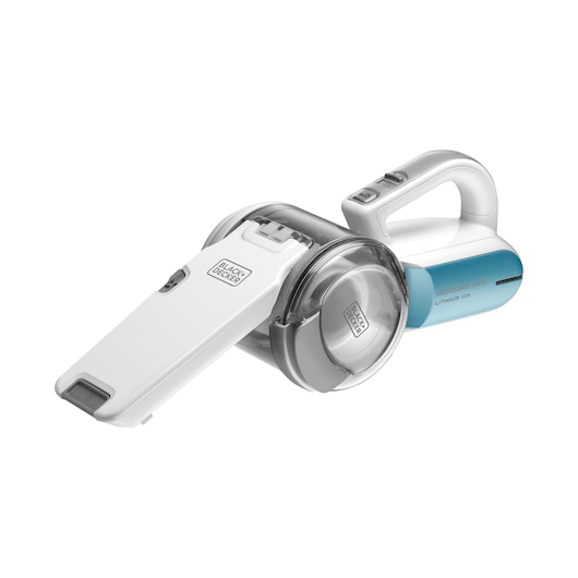 A BLACK+DECKER Dustbuster Pivot handheld vacuum cleaner with a white and silver body, featuring a blue accent and pivoting nozzle. The vacuum cleaner is designed for convenient and cordless cleaning.