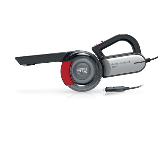 A BLACK+DECKER Dustbuster Pivot Auto handheld vacuum cleaner, shown in a side profile with a pivoting nozzle, grey and red color, and a car adapter plug.