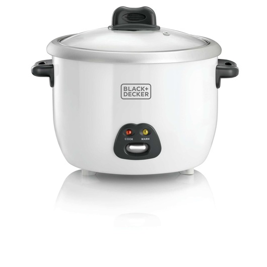 A BLACK+DECKER electric rice cooker with a white body, black handles, and a transparent glass lid. Indicator lights and a switch are visible on the front panel.