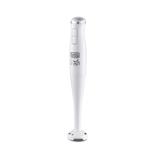 A white handheld immersion blender with two buttons and the BLACK+DECKER logo, standing upright against a plain white background.