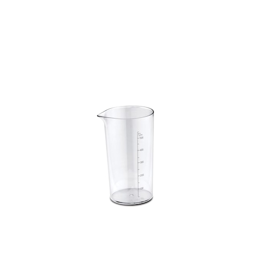 A transparent plastic measuring cup with a spout and measurement markings up to 500 milliliters, placed on a white background.