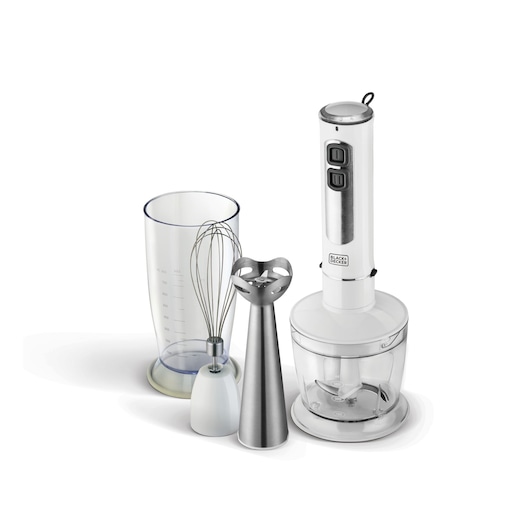 A BLACK+DECKER hand blender set including a white and silver hand blender with two buttons, a blending attachment, a whisk attachment, a measuring cup, and a chopper bowl, all displayed on a white background.