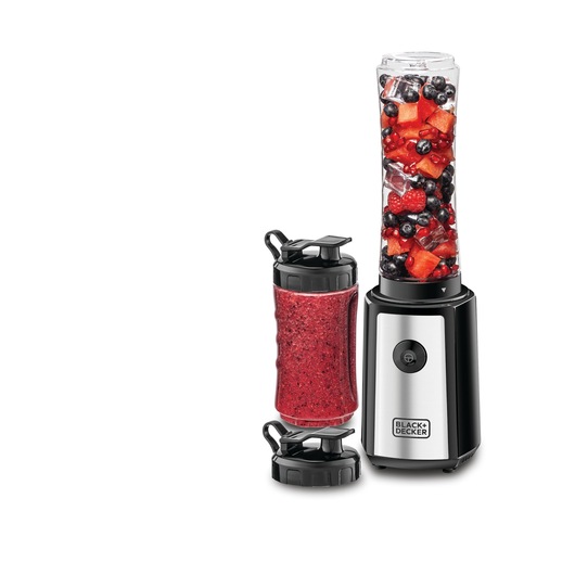 A BLACK+DECKER smoothie blender with two portable blending bottles, one filled with assorted fresh berries and ice, and the other containing a finished red berry smoothie.