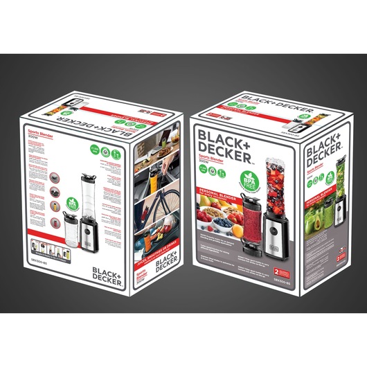 Two BLACK+DECKER product boxes for a sports blender, model SBX300, are shown. The front of the box highlights a personal blender with fruits and vegetables, BPA-free features, and 300W power. The sides display detailed product information, usage scenarios, and images of the blender and its accessories.