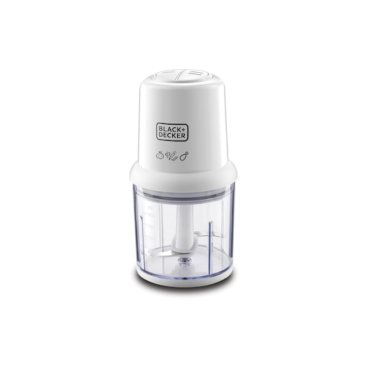 BLACK+DECKER SC310 mini food chopper, white plastic, clear bowl, front angle on white background.