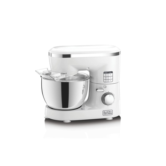 A BLACK+DECKER stand mixer with a white body and a large stainless steel mixing bowl, featuring control buttons and a speed knob on its front.