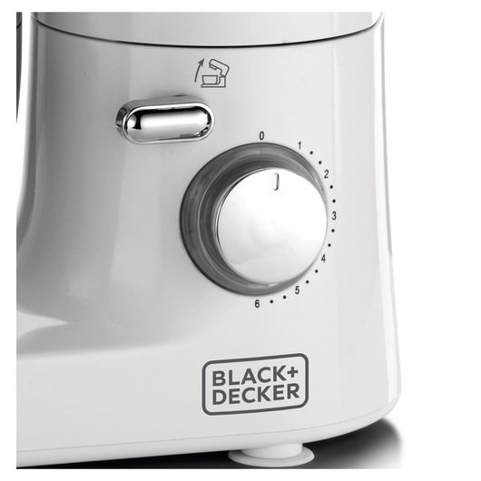 BLACK+DECKER SM1000 stand mixer base, silver control knob and speed settings, close-up product photo.