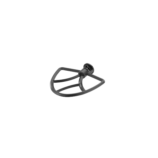 A single black metal flat beater attachment for a stand mixer, photographed on a white background.