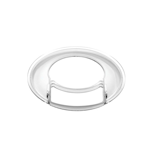 Transparent plastic circular lid with an open center and hinged section, photographed against a white background.