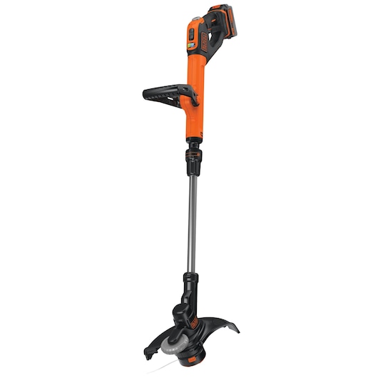 A BLACK+DECKER cordless orange and black grass trimmer with adjustable handle and cutting head, displayed against a white background.