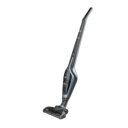 A BLACK+DECKER upright stick vacuum cleaner with a sleek design, shown in grey with blue accents, standing on a white background.