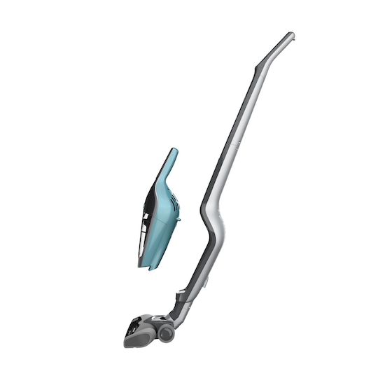 A BLACK+DECKER cordless stick vacuum cleaner with a detachable handheld unit. The vacuum is grey and blue, shown against a white background.