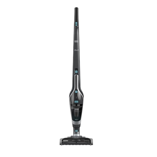 A BLACK+DECKER 2-in-1 cordless stick vacuum cleaner with a slim, black and grey design featuring blue buttons, photographed standing upright against a white background.