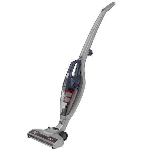 A BLACK+DECKER cordless upright vacuum cleaner with a sleek grey and black design, featuring a transparent dust compartment and ergonomic handle.