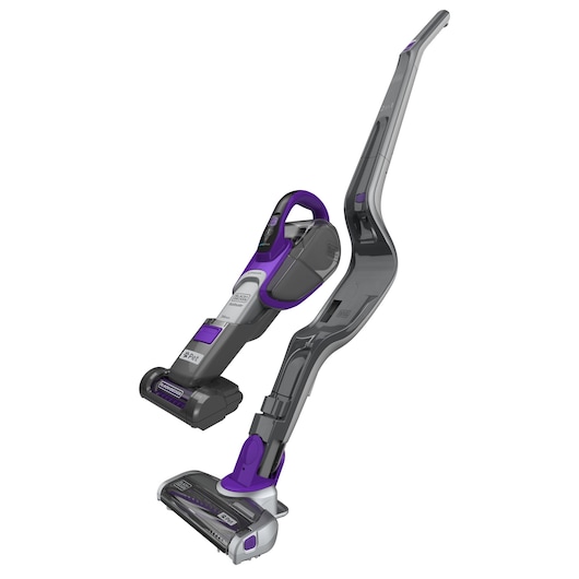 A BLACK+DECKER SVJ520BFSP cordless stick vacuum cleaner in gray and purple colors, shown with detachable handheld vacuum component.