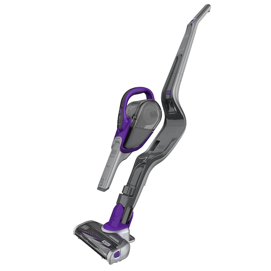A BLACK+DECKER cordless stick vacuum cleaner with a detachable handheld unit, shown in grey and purple colors.