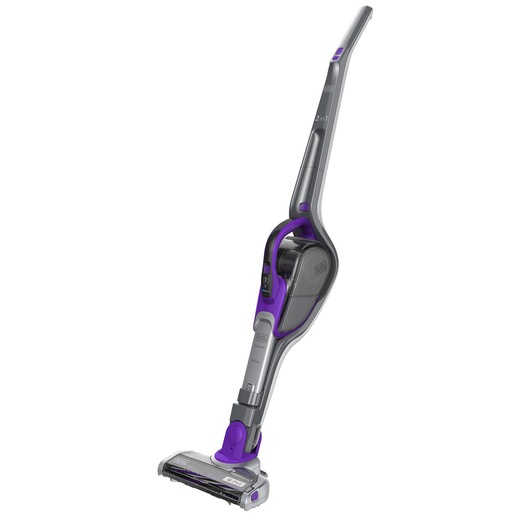 A sleek, cordless stick vacuum cleaner with grey and purple detailing, shown angled upright against a plain white background.