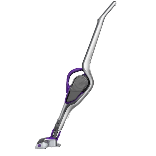 A cordless upright vacuum cleaner by BLACK+DECKER, featuring a sleek silver and purple design. It is shown standing upright against a white background.