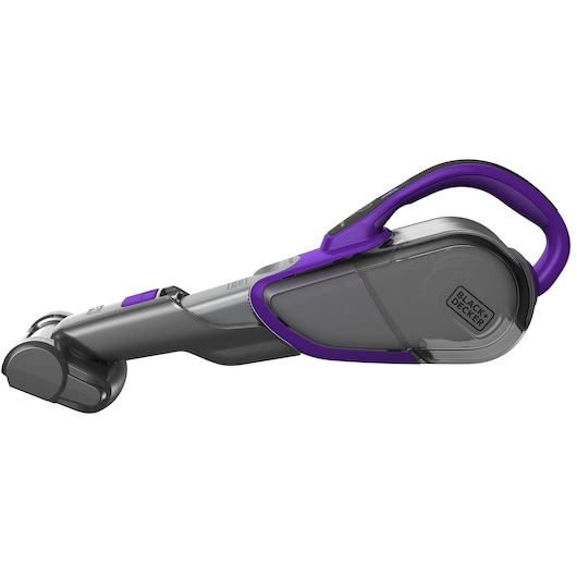 A BLACK+DECKER handheld cordless vacuum cleaner in grey and purple colors, displayed on a white background.