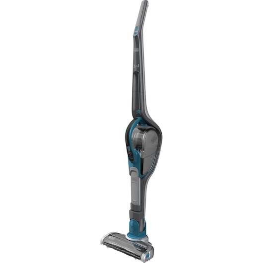 A BLACK+DECKER upright cordless vacuum cleaner, model SVJ520BFS, featuring a slim design with blue and gray accents.