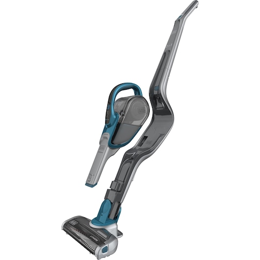 A BLACK+DECKER cordless stick vacuum cleaner with a detachable handheld unit, shown in a grey and blue color scheme.