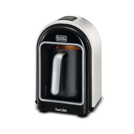 A BLACK+DECKER TurCafe coffee maker, featuring a sleek black and white design with a visible handle on the brewing pot, suitable for countertop use.