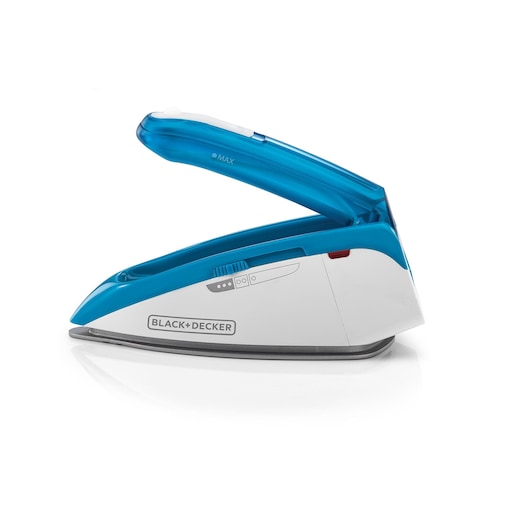 A BLACK+DECKER portable travel iron with a white and blue design, featuring a foldable handle and compact size for easy storage and travel.