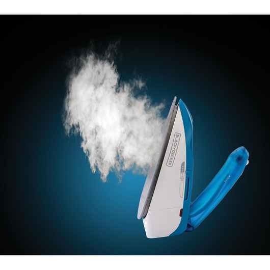 Photo of BLACKDECKER TI250 steam iron with blue handle emitting visible steam against a dark background.